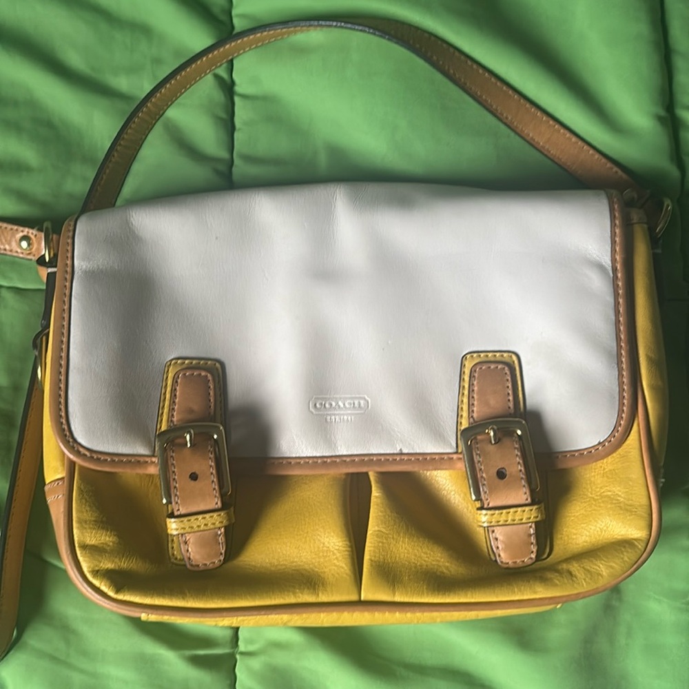 Coach park leather color block messenger bag in yellow, white and tan